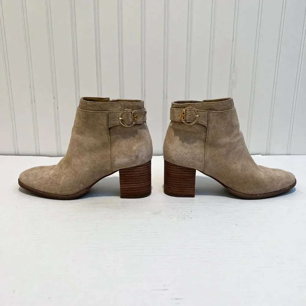 Tory Burch Sophia Tan Suede Block Heel Designer Bohemian Logo Booties 6 WORN